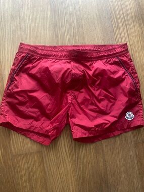 New Moncler Red Nylon Swim Trunks Shorts with Logo Patch Size XXL